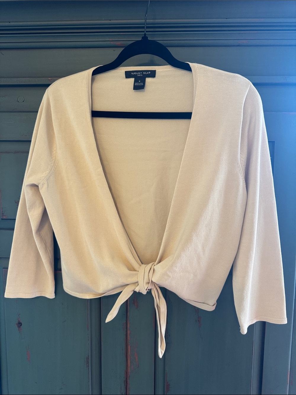 EUC august silk Cream Crop Knit Topper Silk Blend Front Tie 3/4 Sleeves Size M